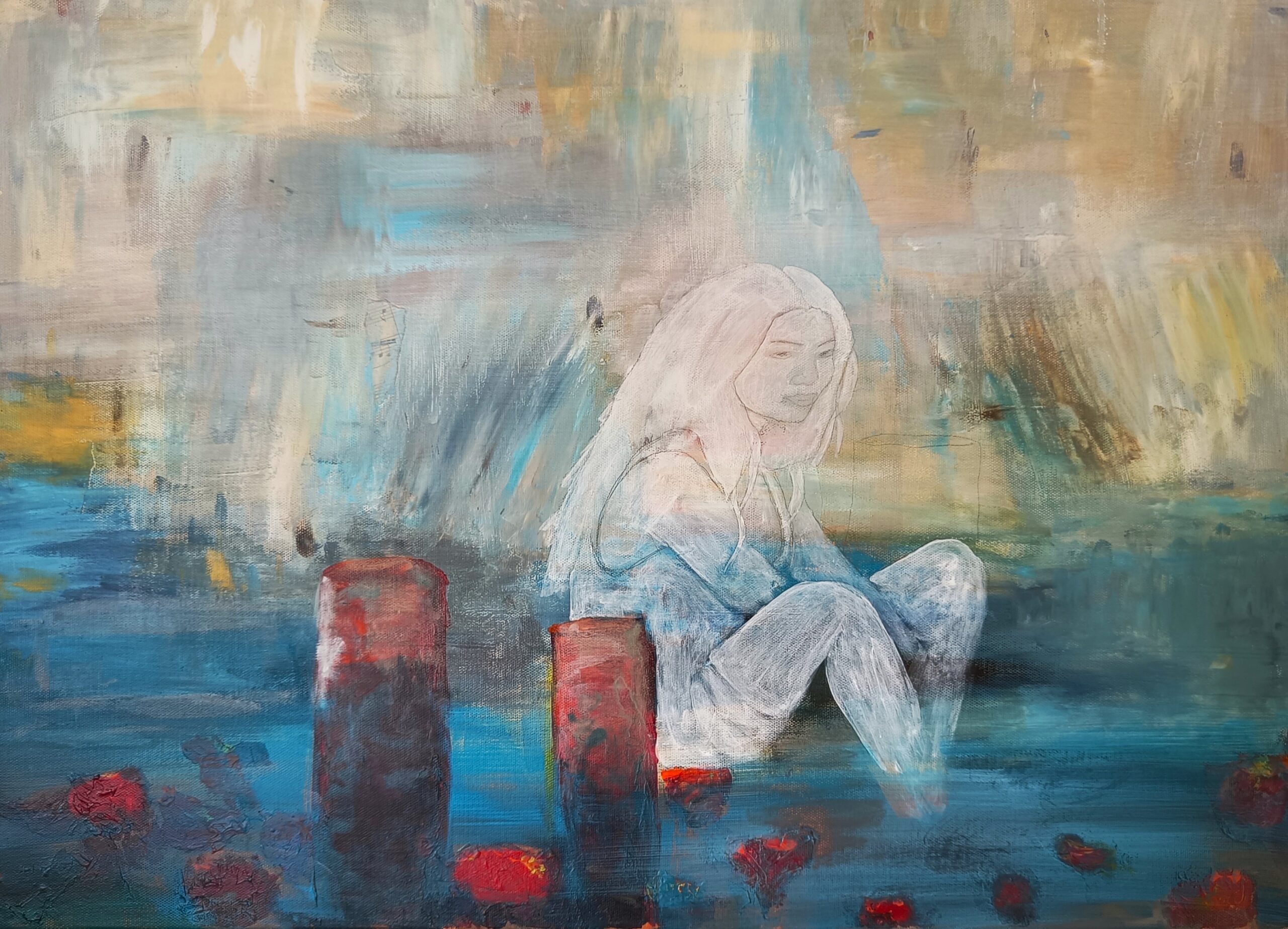 Miss misery and the sea, Acrylmalerei, Collage_mixed media,